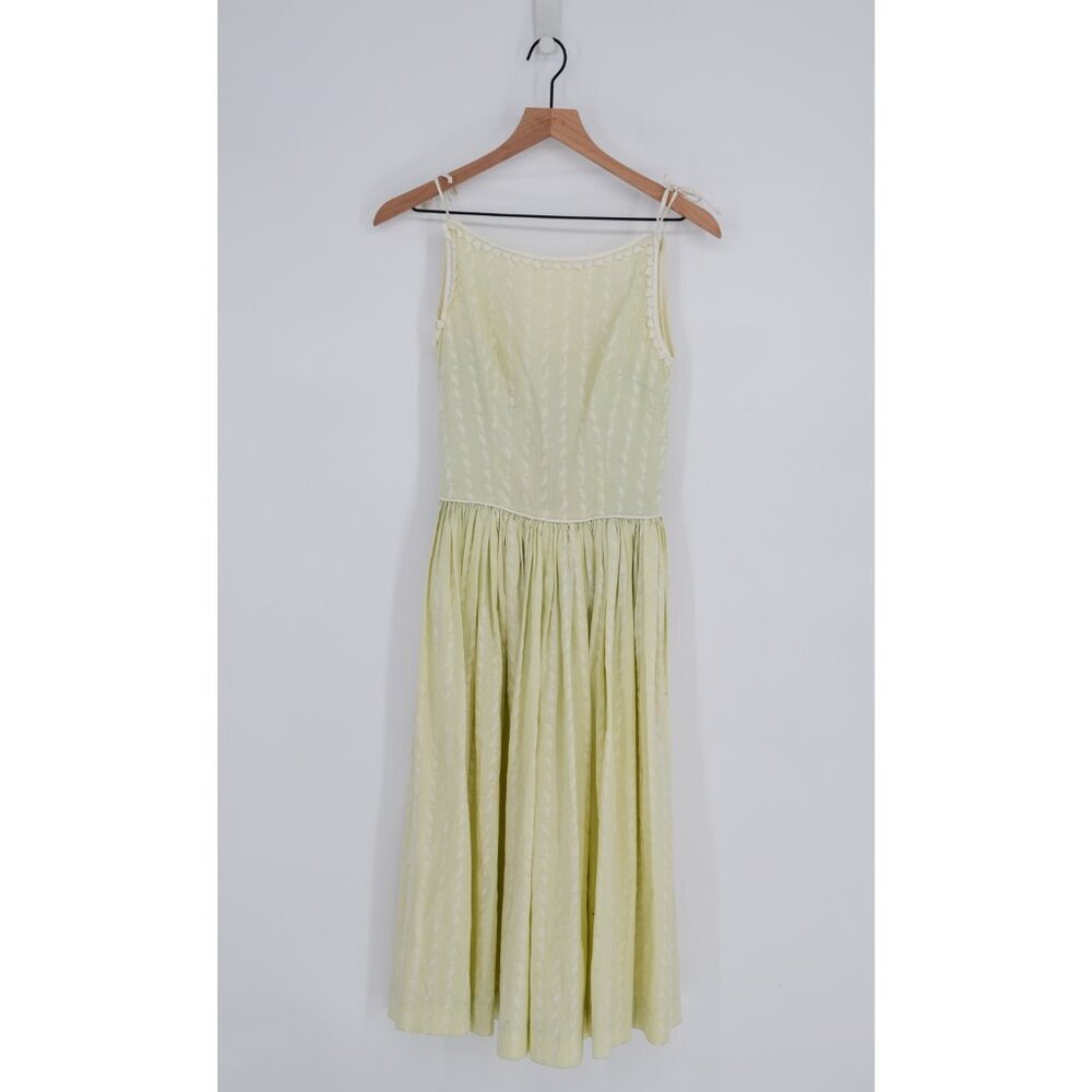 Vintage 1950s Teena Paige Novelty Midi Dress Cottege Boho Light Green Womens XS
